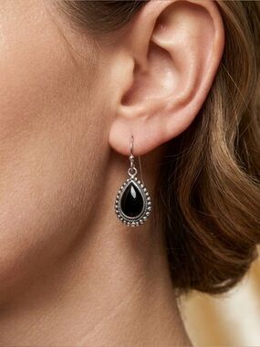 Black Onyx Teardrop Earrings Silver Boho Artisan